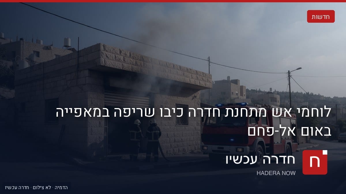 איור: בינה מלאכותית — הדמיה: רכב כיבוי אש אדום חונה ליד מבנה מוקף עשן, ולוחמי אש פועלים בסמוך.