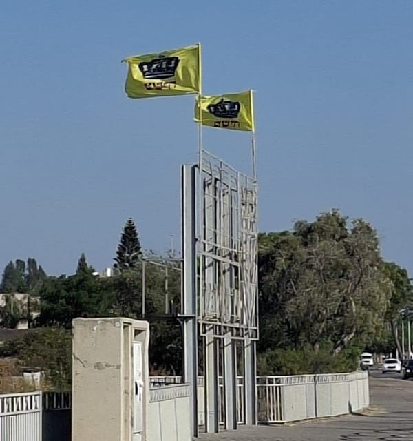 תושב בית אליעזר מלין על דגלי חב"ד על שלט עירוני בכניסה לשכונה